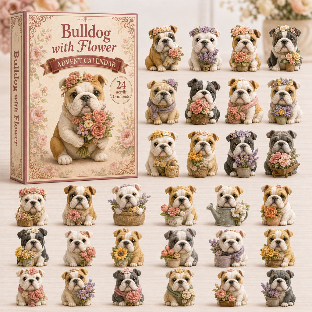 Bulldog With Flower Advent Calendar 2026 - 24-Day Festive Countdown, Acrylic Charms Blind Box - Gift For Bulldog Lovers