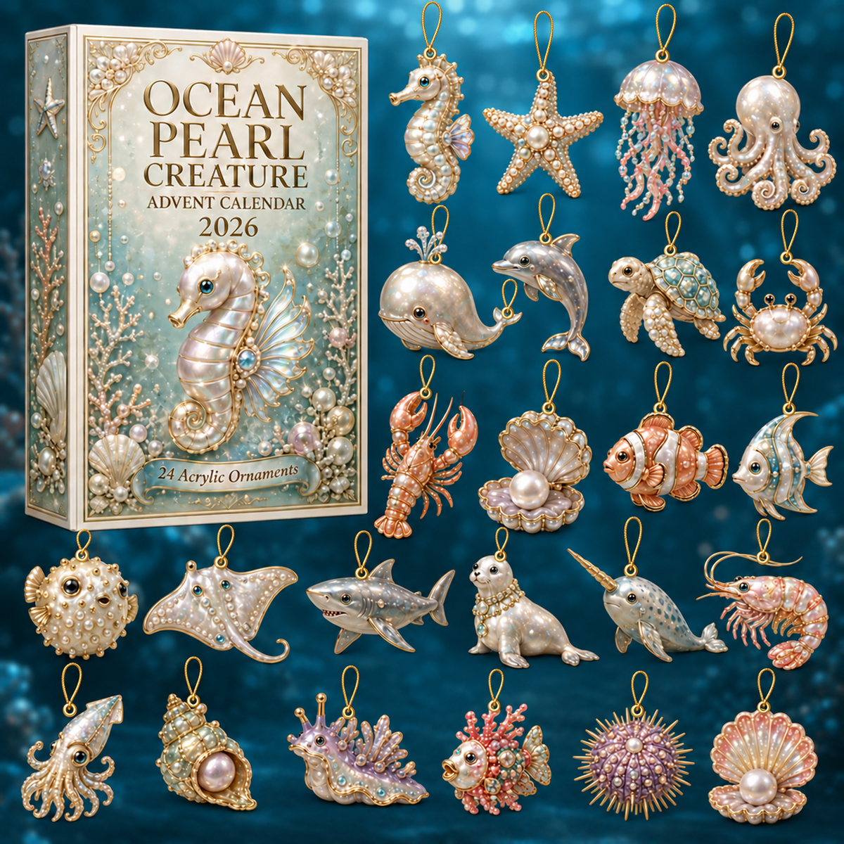 Ocean Pearl Treasures Advent Calendar 2026 - 24-Day Festive Countdown, Acrylic Charms Blind Box - Gift For Ocean Lovers