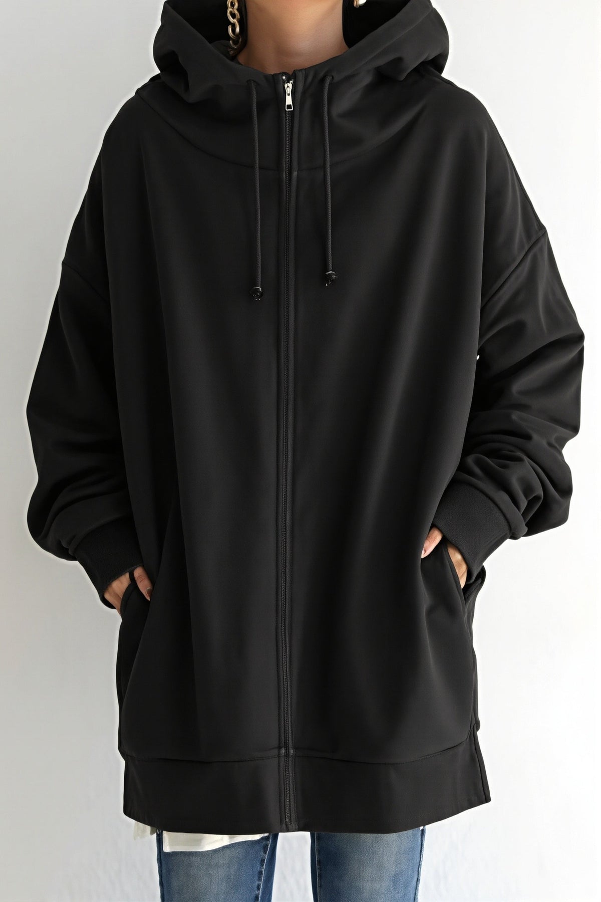 Solid Relaxed Longline Zip Hoodie