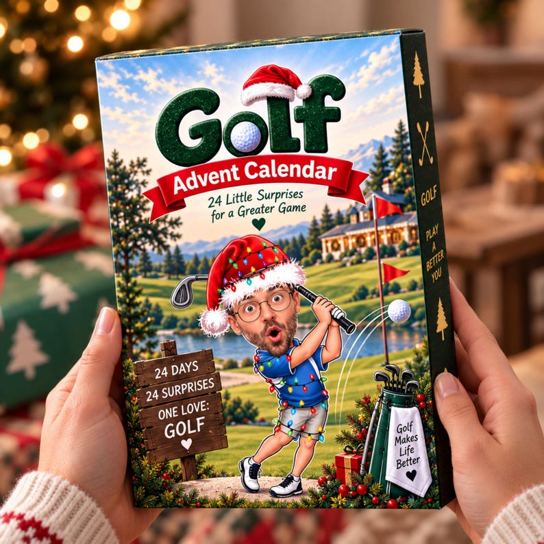 Golf Advent Calendar, Personalized Christmas Gift for Golfer, Custom Name Photo Keychain, 24 Day Gift for Dad Husband Boyfriend Golf Lover