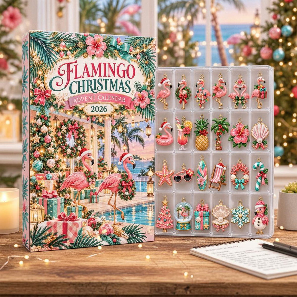 Flamingo Christmas Advent Calendar 2026, 24 Day Tropical Holiday Countdown, Pink Flamingo Ornaments, Beach Lover Gift, Coastal Xmas Decor