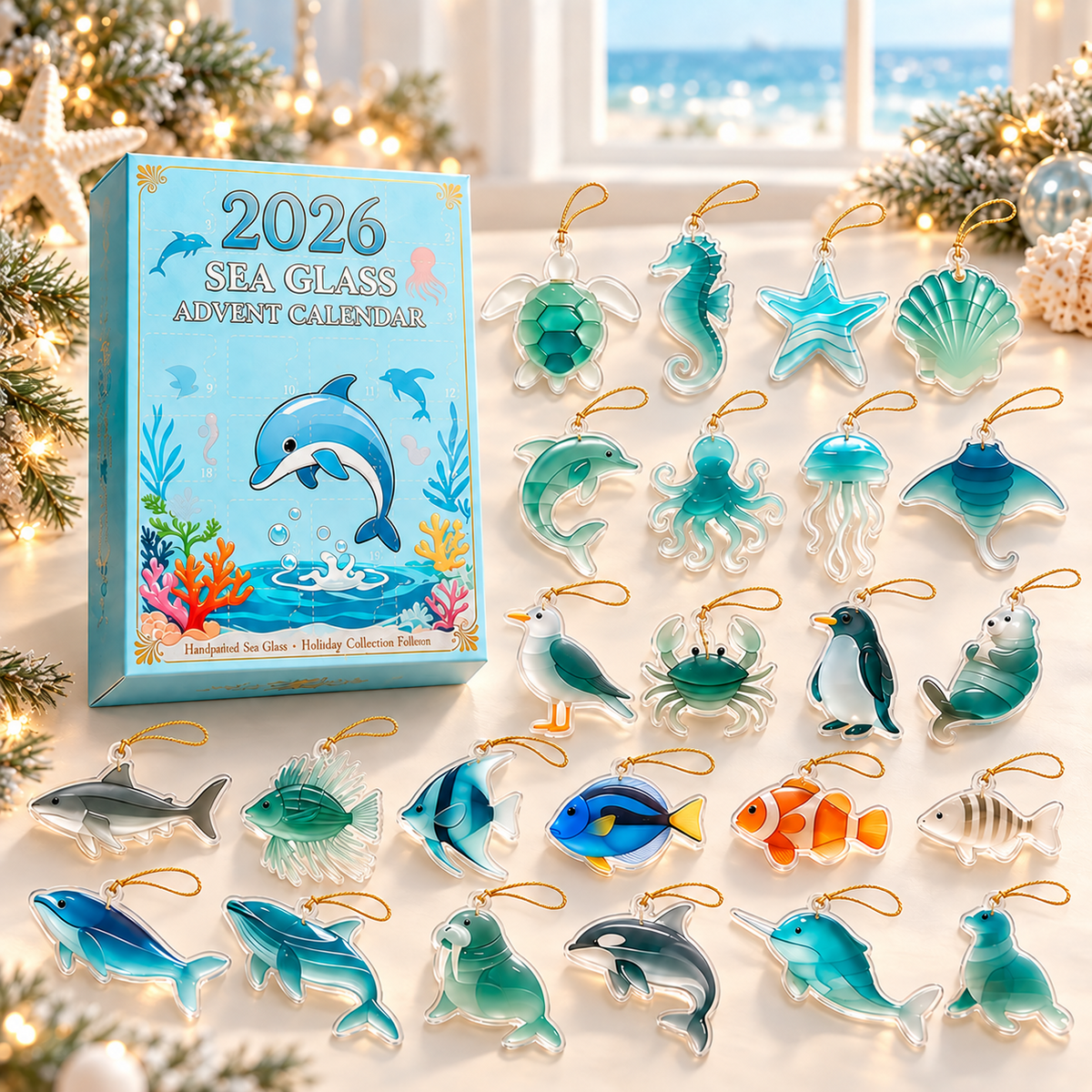 2026 Ocean Animal Advent Calendar – 24 Sea Glass Style Acrylic Christmas Ornaments, Coastal Holiday Countdown Gift for Ocean Lovers