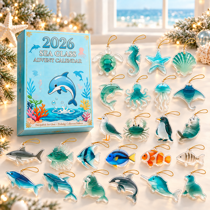 2026 Ocean Animal Advent Calendar – 24 Sea Glass Style Acrylic Christmas Ornaments, Coastal Holiday Countdown Gift for Ocean Lovers