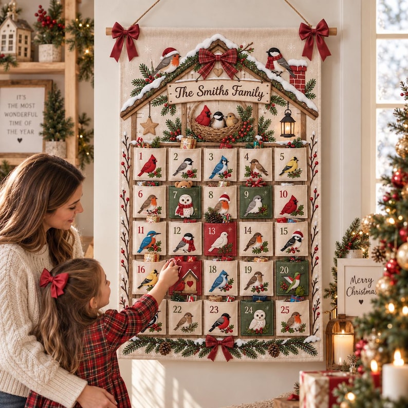 Personalized Bird Christmas Fabric Advent Calendar, 25 Day Pocket Countdown, Custom Family Name Quilted Wall Hanging, Bird Lover Xmas Decor