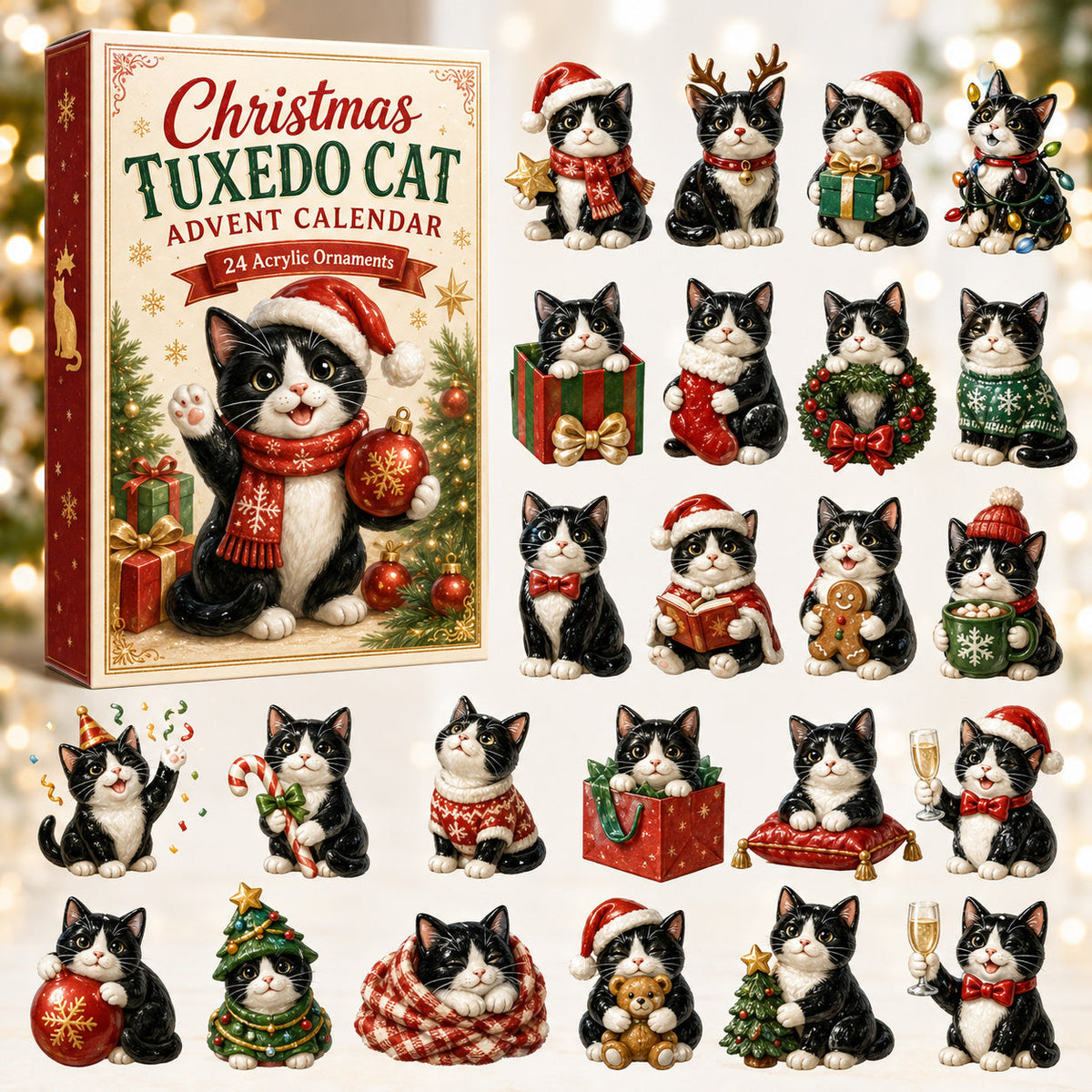 Christmas Tuxedo Cat Advent Calendar 2026 - 24-Day Festive Countdown, Acrylic Charms Blind Box - Gift For Cat Lovers