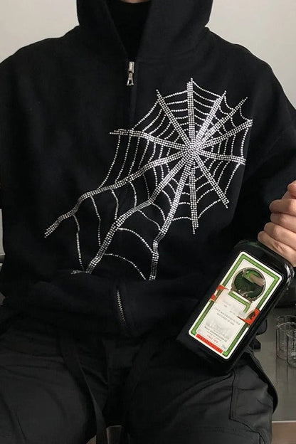 Rhinestone Spider Zip Hoodie