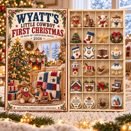 Personalized Baby Cowboy Advent Calendar 2026, First Christmas Countdown, 24 Day Acrylic Ornament Set, Custom Baby Boy Xmas Gift