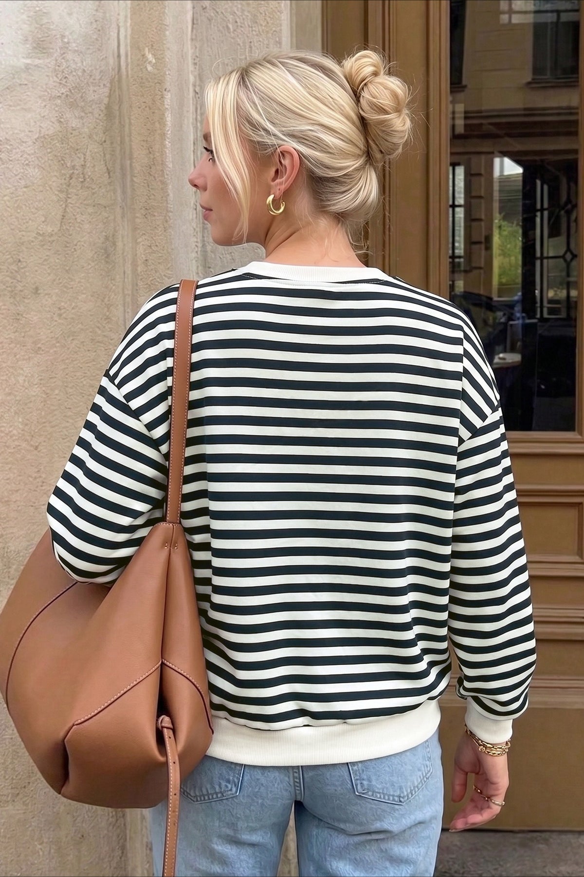 Striped Bow Detail Crewneck Sweatshirt