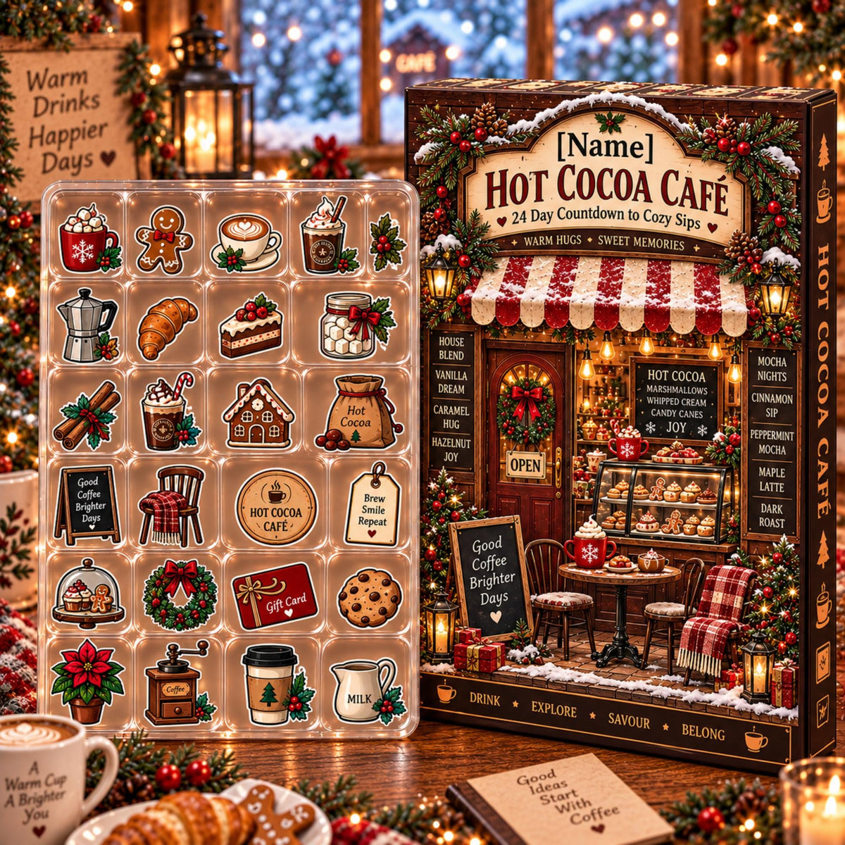 Custom Hot Cocoa Advent Calendar: 24-Day Countdown, Personalized Name, Acrylic Charms (2026)