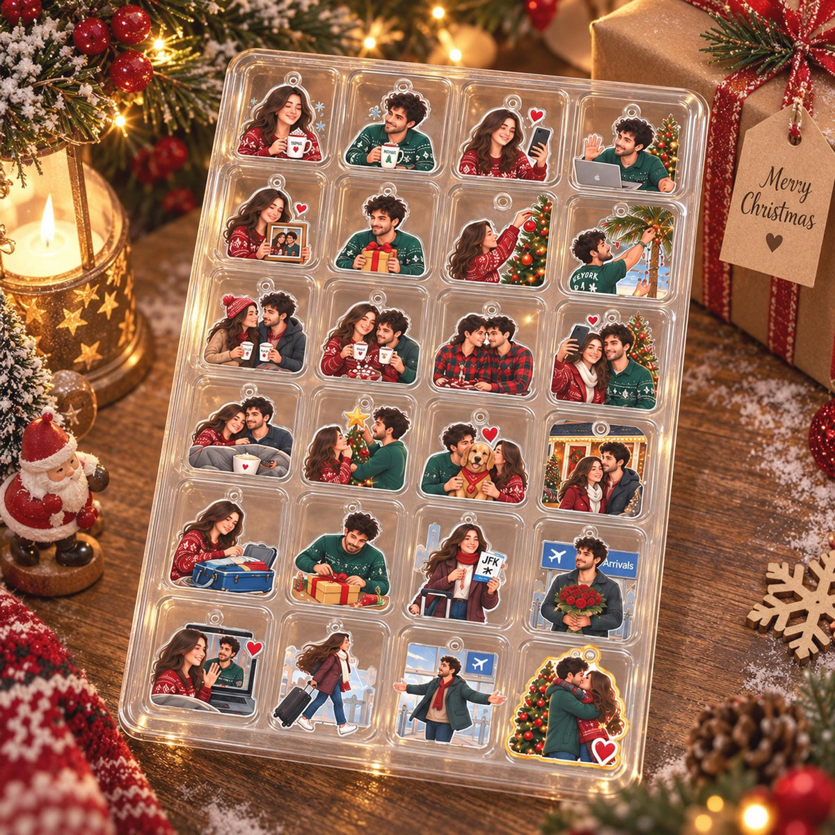 Personalized Long Distance Couple Advent Calendar 2026, 24pc Acrylic Ornaments, Christmas Reunion Gift, Custom State Map Photo Countdown Box