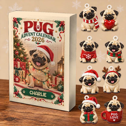 Personalized Pug Advent Calendar 2026, 24 Acrylic Charms, Custom Dog Name, Pug Lover Keepsake Collection