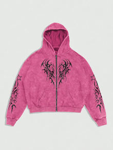 Gothic Acid Wash Pink Zip Hoodie Y2K Graphic