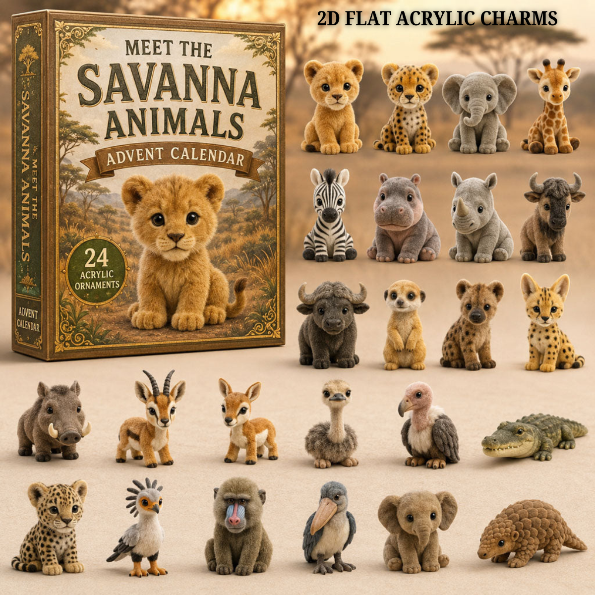 Savanna Animals Life Advent Calendar 2026 - 24-Day Festive Countdown, Acrylic Charms Blind Box - Gift For Animal Lovers