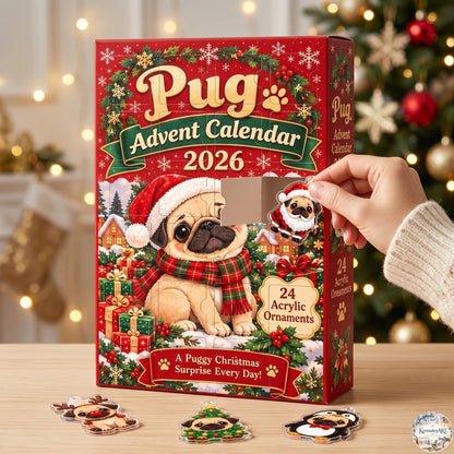 Pug Holiday Advent Calendar 2026 | 24 Day Christmas Countdown with Personalized 2D Name Charm