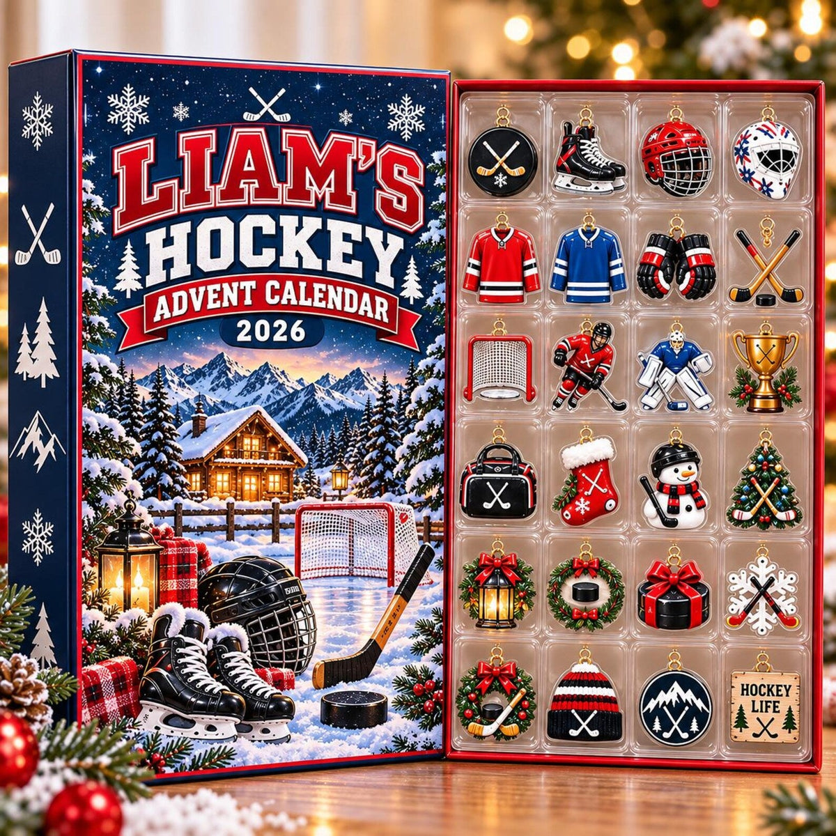 Personalized Hockey Advent Calendar 2026, 24 Acrylic Ornaments, Ice Hockey Christmas Countdown, Hockey Player Gift for Kids