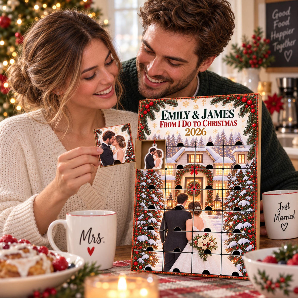 Personalized Wedding Memory Advent Calendar with 24 Custom Photo Acrylic Ornaments, Newlywed Christmas Gift, Wedding Keepsake for Couple