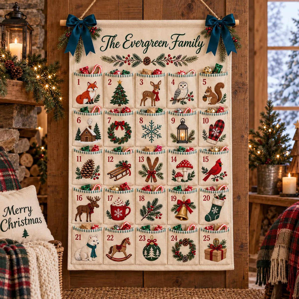 Personalized Family Advent Calendar, 25 Pocket Christmas Countdown, Custom Name Wall Hanging, Kids Holiday Gift, Pink Christmas Decor