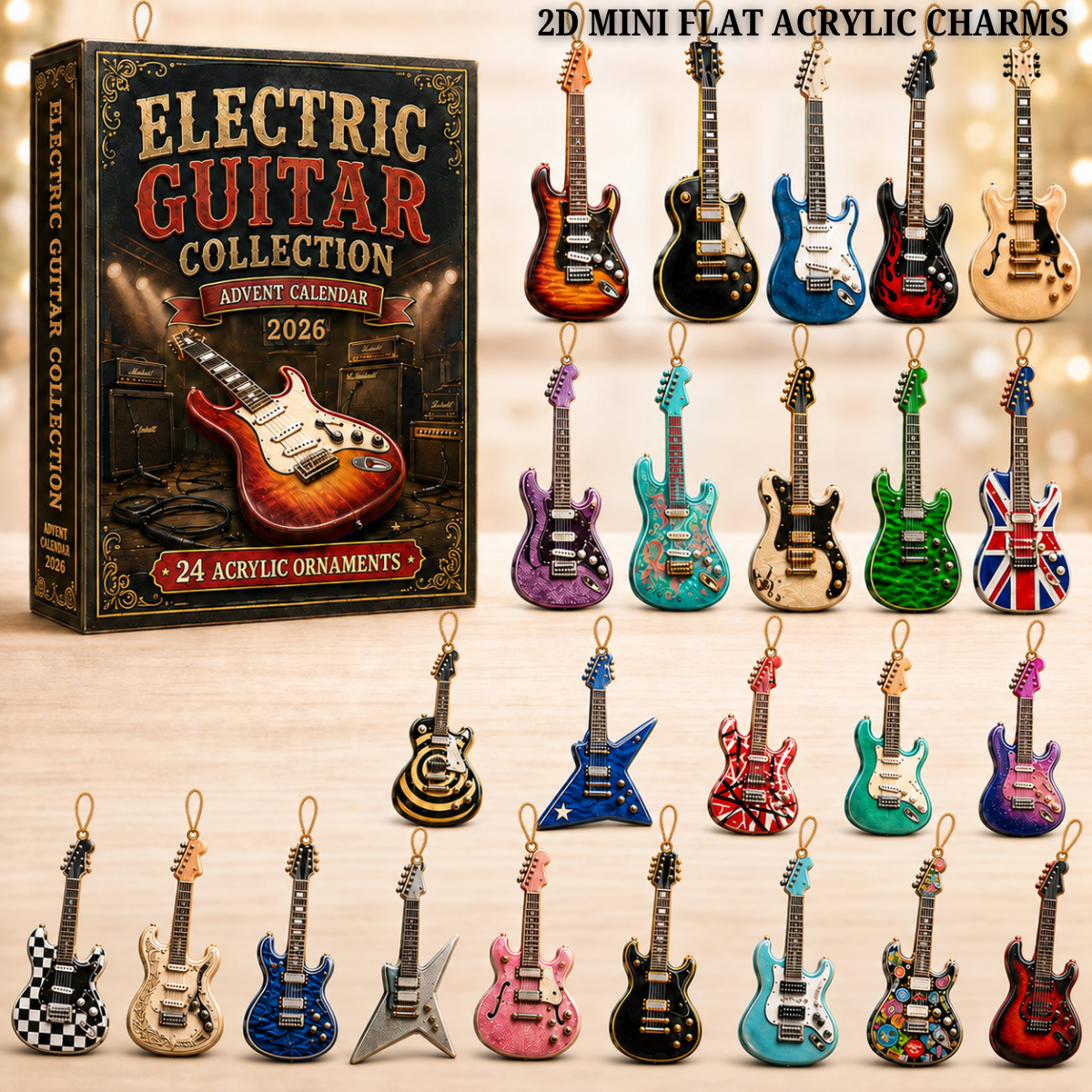Electric Guitar Advent Calendar 2026 - 24-Day Festive Countdown, Acrylic Charms Blind Box - Gift For Guitar Lovers