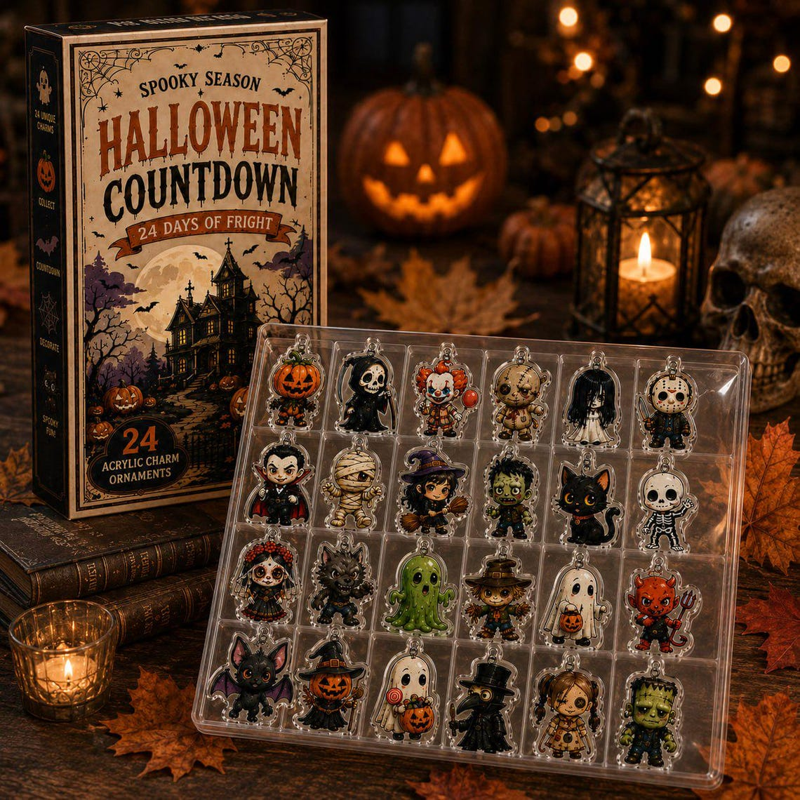 2026 Spooky Season Halloween Advent Calendar, 24 Acrylic Charm Ornaments, Horror Characters Countdown Box Collectible Gift