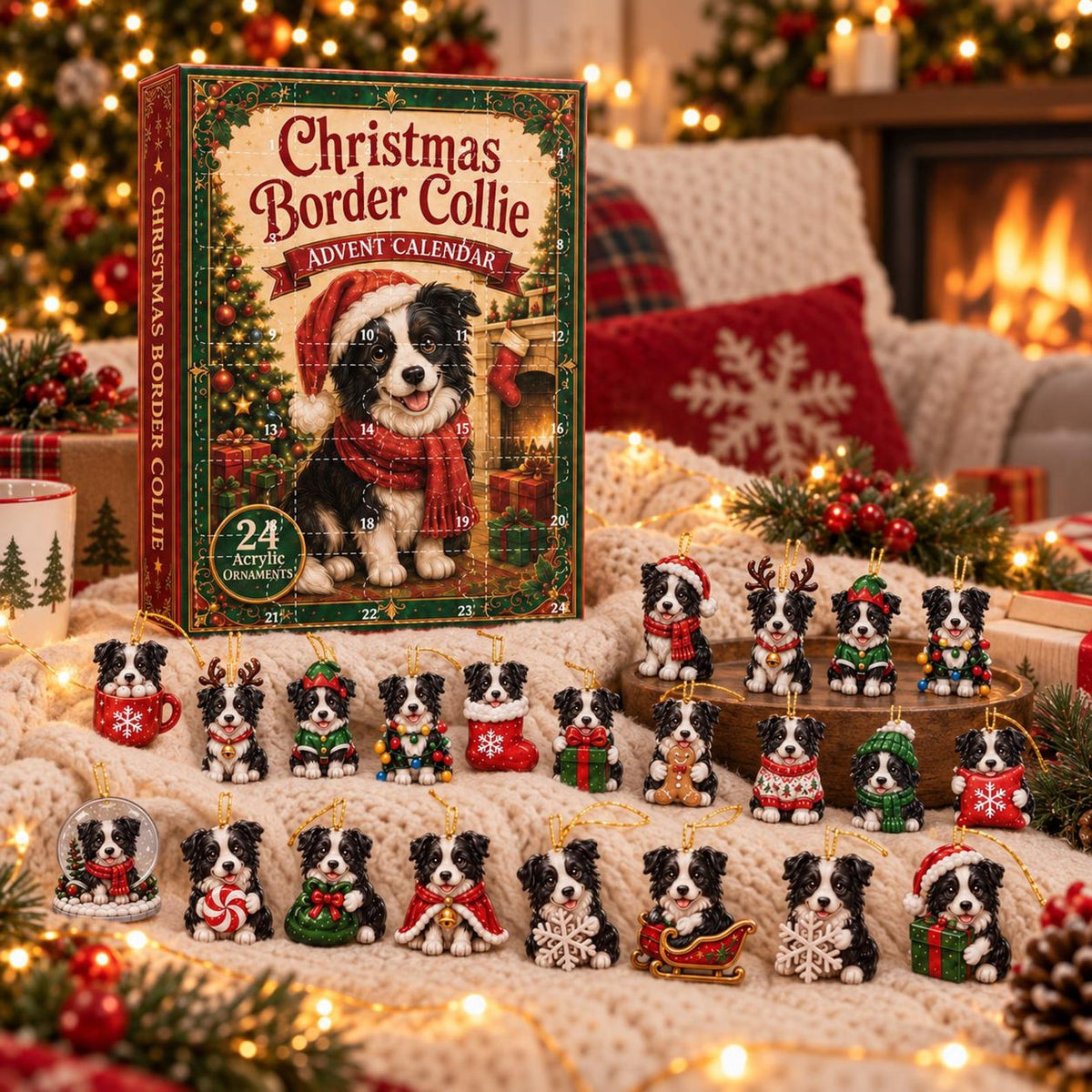 Border Collie Christmas Advent Calendar, 24 Acrylic Dog Ornaments (Blind Box)