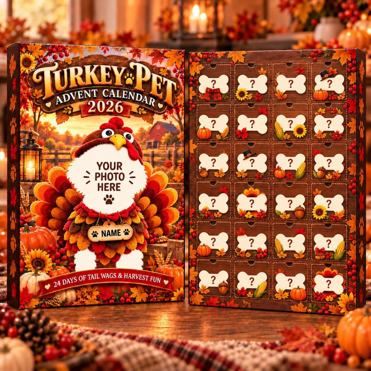 Personalized Turkey Pet Advent Calendar 2026, Custom Pet Photo Thanksgiving Countdown Box, 24 Acrylic Charms