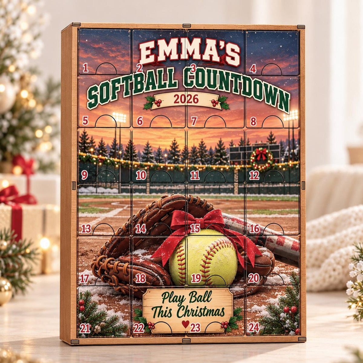 Personalized Softball Advent Calendar, Wooden Christmas Countdown with Acrylic Charms, Custom Softball Player Gift, Sports Holiday Box