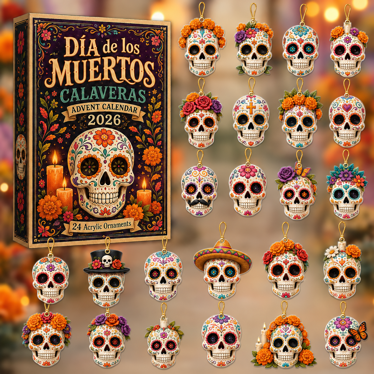 Dia de los Muertos Calaveras Advent Calendar 2026 - 24-Day Festive Countdown, Acrylic Charms Blind Box - Gift For Family & Friends