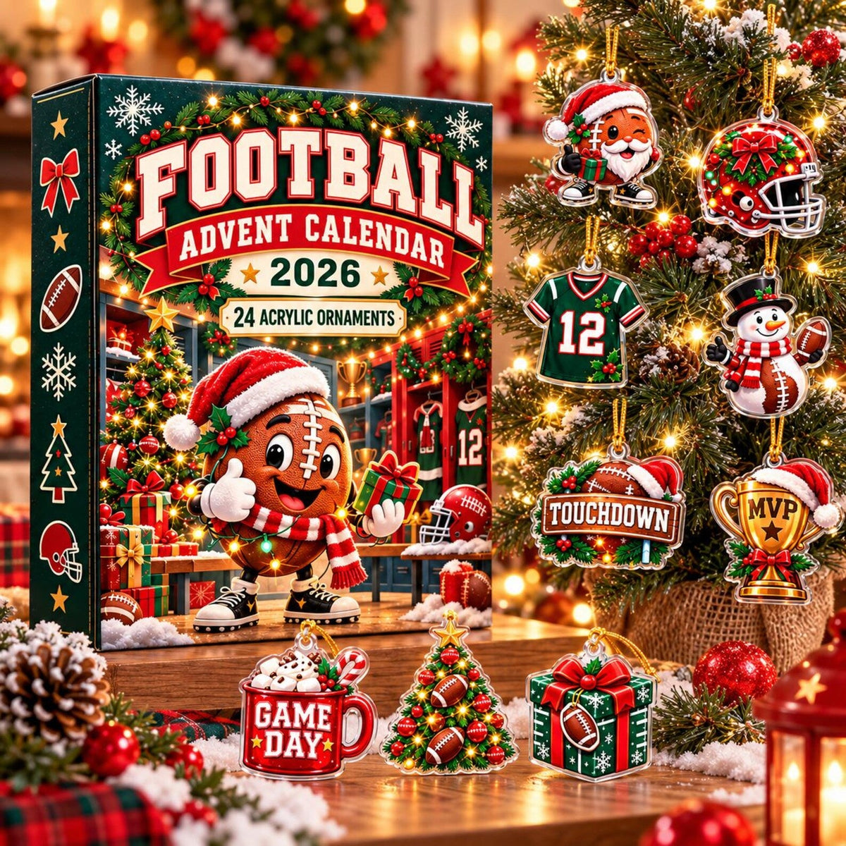 Personalized Football Advent Calendar 2026, 24 Acrylic Christmas Ornaments, Football Fan Gift Addie Alm