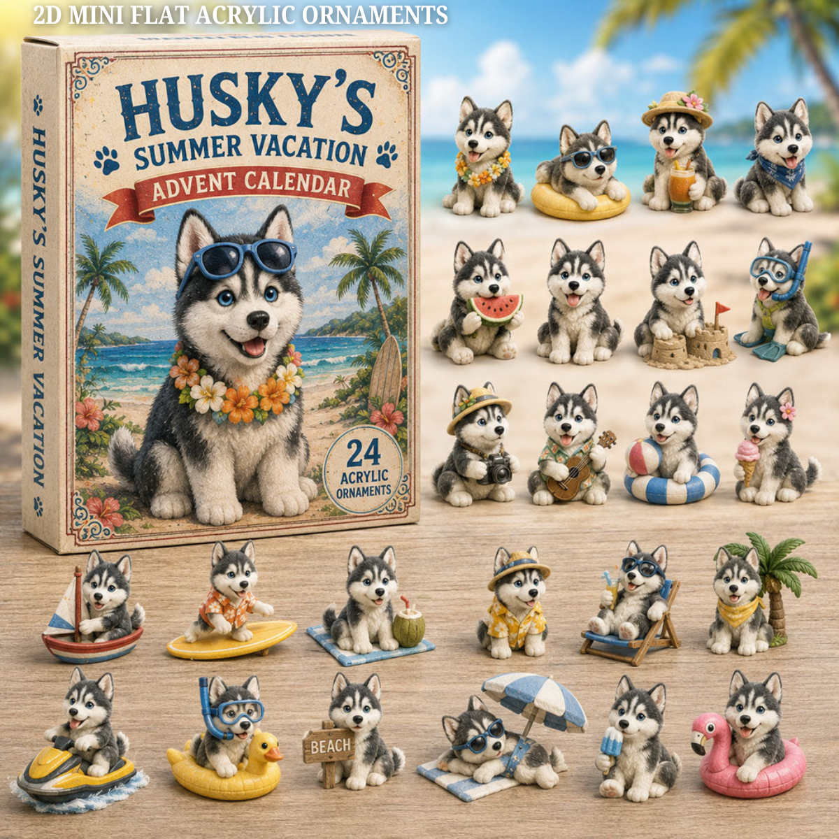 Husky Summer Vacation Advent Calendar 2026 - 24-Day Festive Countdown, Acrylic Charms Blind Box - Gift For Dog Lovers