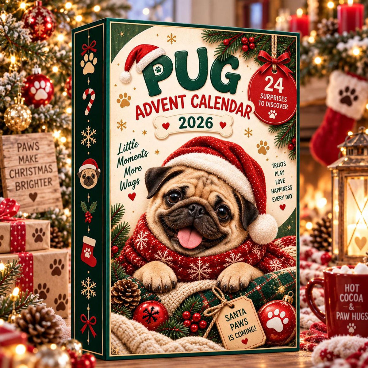 Pug Christmas Blind Box Advent Calendar 2026, 24 Day Dog Charm Countdown, Pug Holiday Ornaments Thai