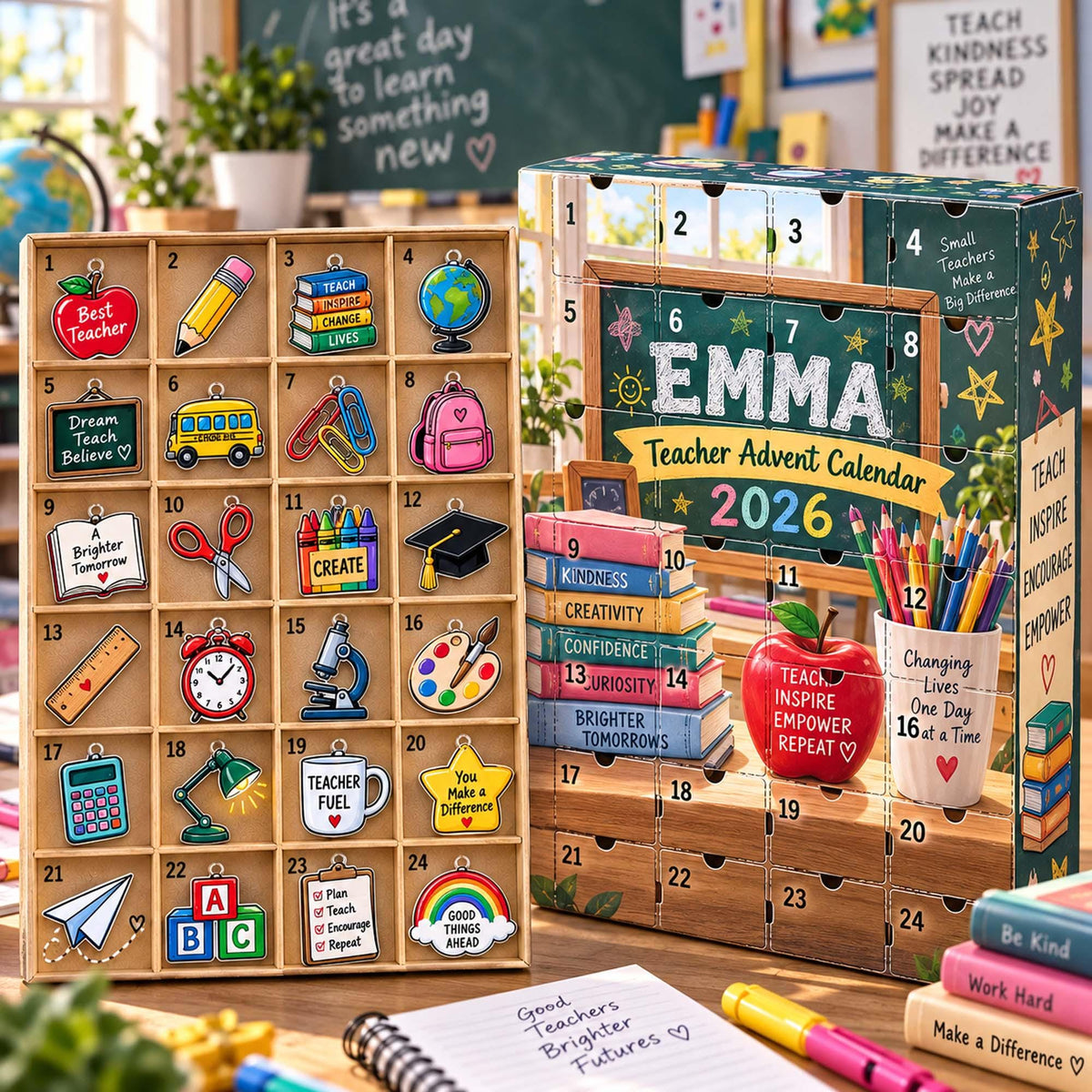 Personalized Teacher Advent Calendar 2026, Custom Teacher Blind Box, 24 Day Christmas Countdown with Teacher Tokens, Xmas Countdown Gifts