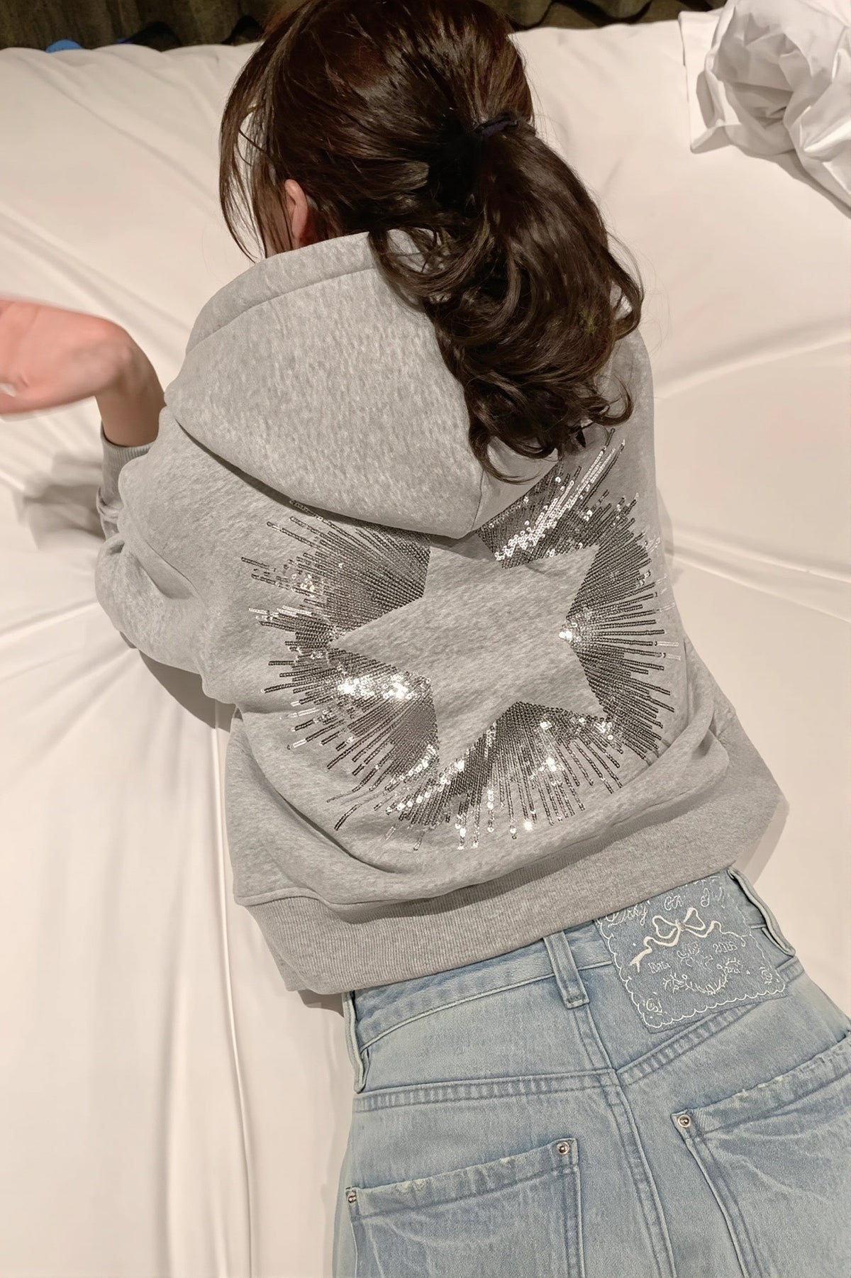 Sequin Star Cropped Pullover Hoodie