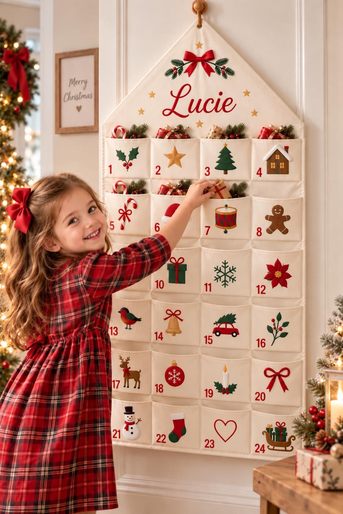Custom Advent Calendar Christmas 2026, Kids Fabric Advent Calendar with Custom Name, 24 Pocket Christmas Countdown Reusable Wall Hanging