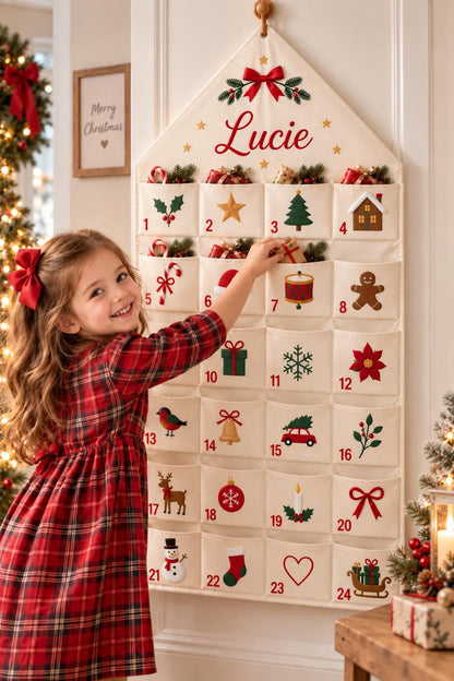 Custom Advent Calendar Christmas 2026, Kids Fabric Advent Calendar with Custom Name, 24 Pocket Christmas Countdown Reusable Wall Hanging