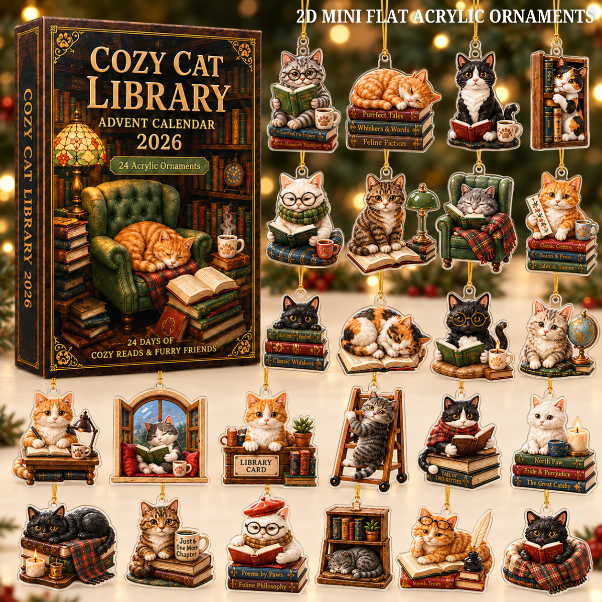 Cozy Cat Library Advent Calendar 2026 - 24-Day Festive Countdown, Acrylic Charms Blind Box - Gift For Reading Lovers