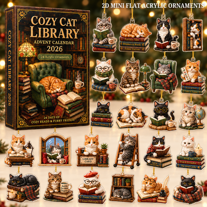 Cozy Cat Library Advent Calendar 2026 - 24-Day Festive Countdown, Acrylic Charms Blind Box - Gift For Reading Lovers
