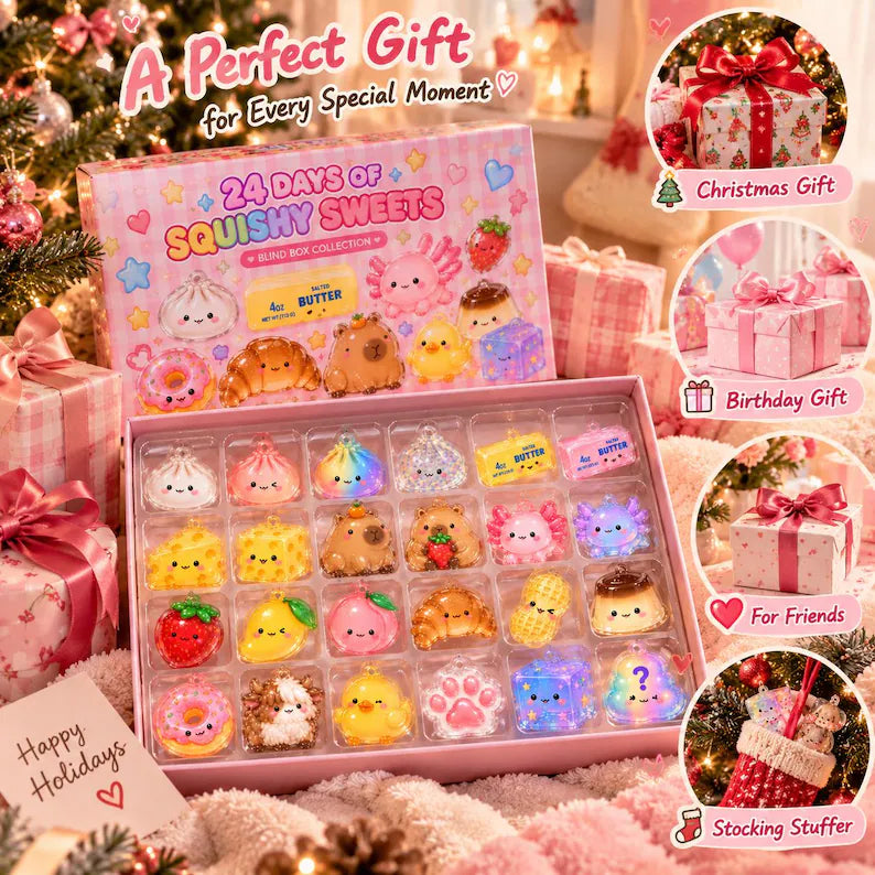 Trending Squishy Advent Calendar, Viral Squishy Blind Box, Kawaii Acrylic Ornaments for Kids, Boy Girl Christmas Gift, Dumpling Butter Cheese