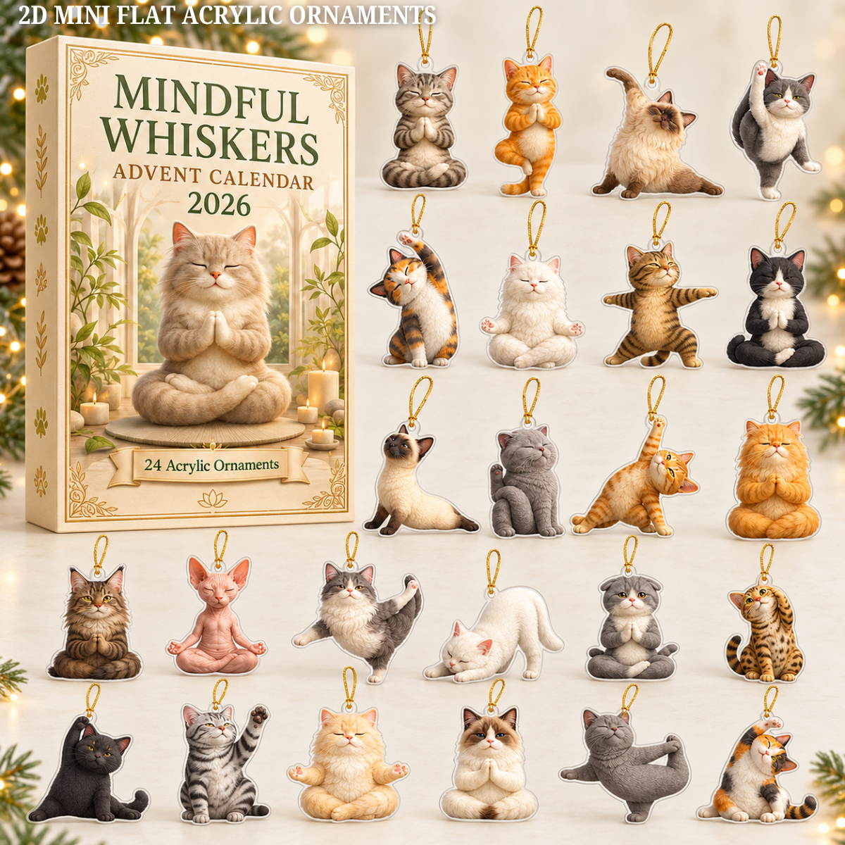 Mindful Whiskers Advent Calendar 2026 - 24-Day Festive Countdown, Acrylic Charms Blind Box - Gift For Yoga Lovers
