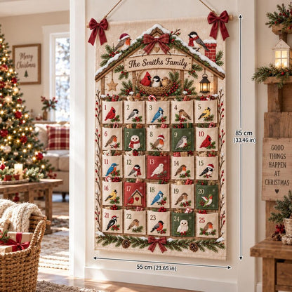 Personalized Bird Christmas Fabric Advent Calendar, 25 Day Pocket Countdown, Custom Family Name Quilted Wall Hanging, Bird Lover Xmas Decor