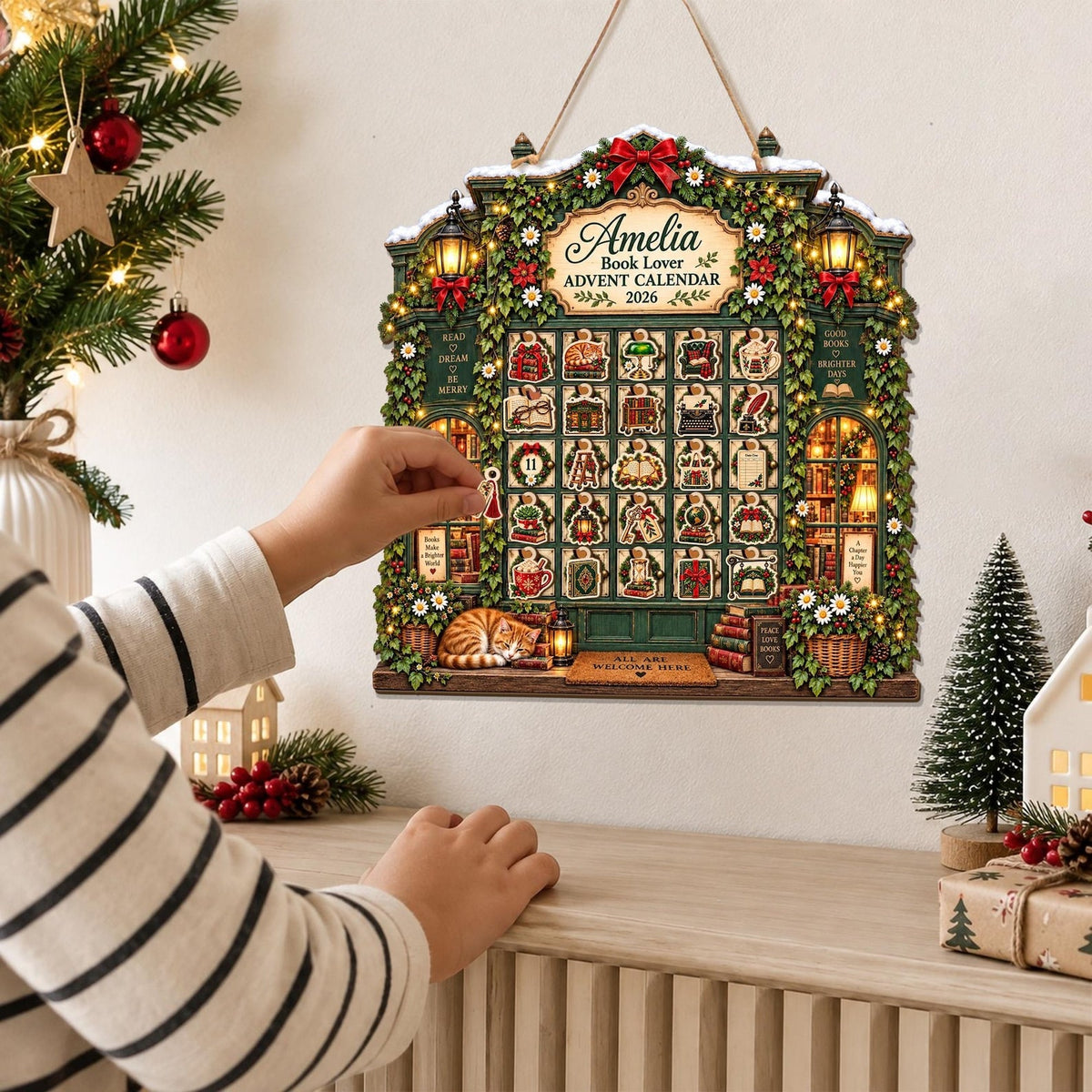 Personalized Book Lover Wooden Advent Calendar: Custom Bookstore Christmas Countdown