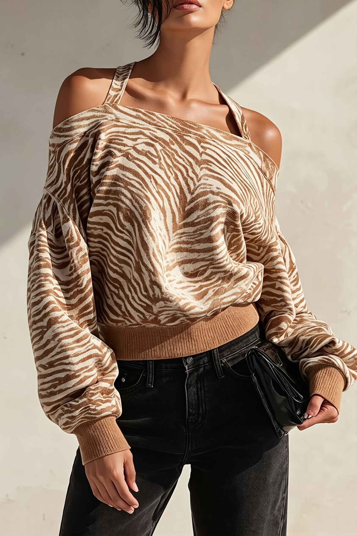 Zebra Print Off Shoulder Sweatshirt
