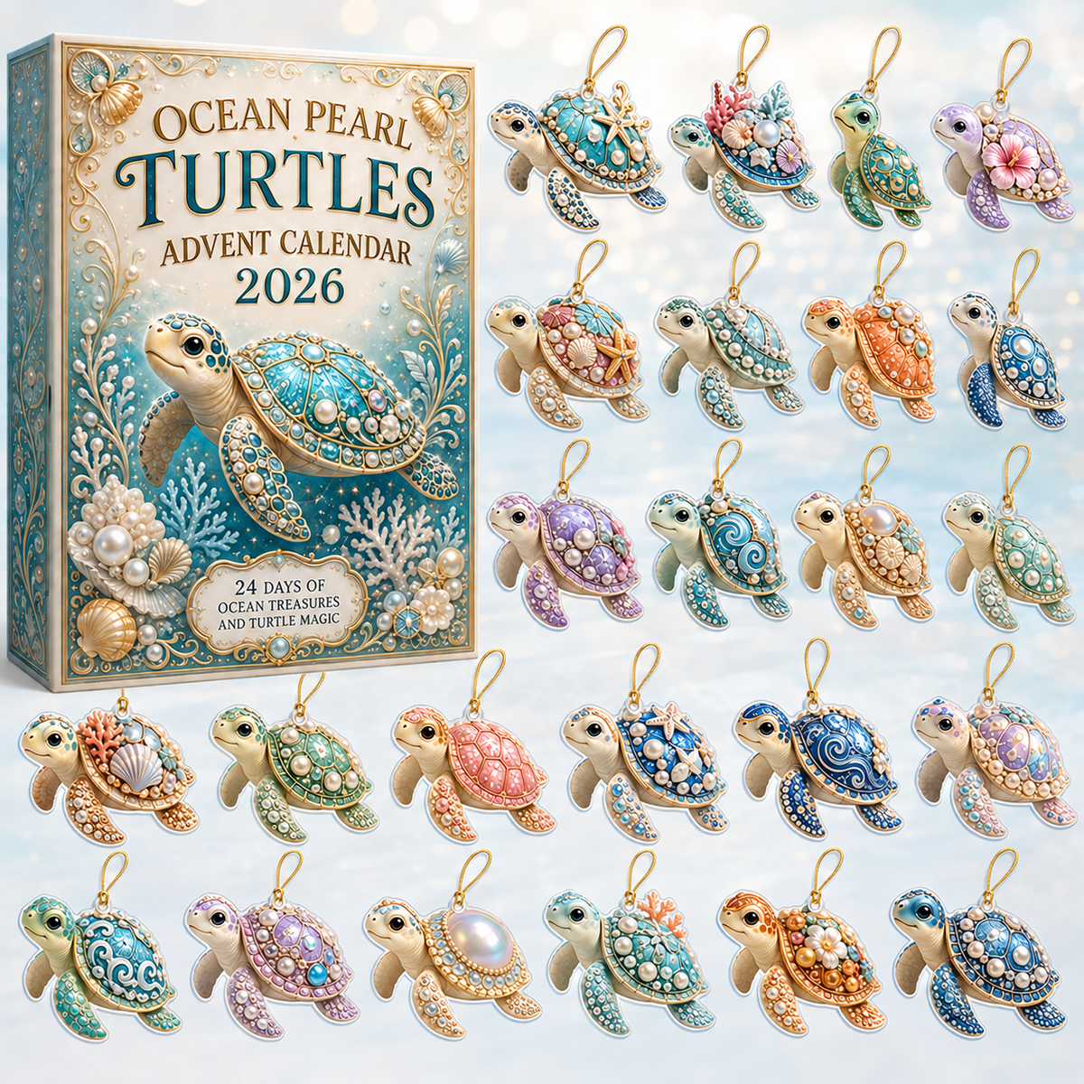 Pearl Sea Turtle Voyage Advent Calendar 2026 - 24-Day Festive Countdown, Acrylic Charms Blind Box - Gift For Turtle Lovers