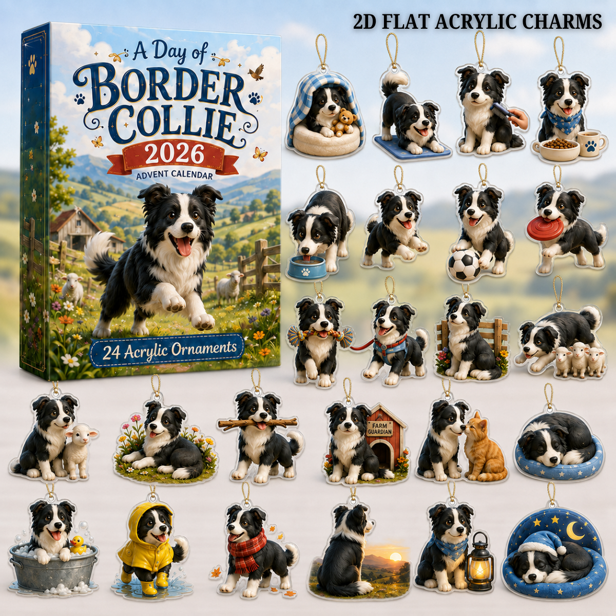 A Day of Border Collie Advent Calendar 2026 - 24-Day Festive Countdown, Acrylic Charms Blind Box - Gift For Border Collie