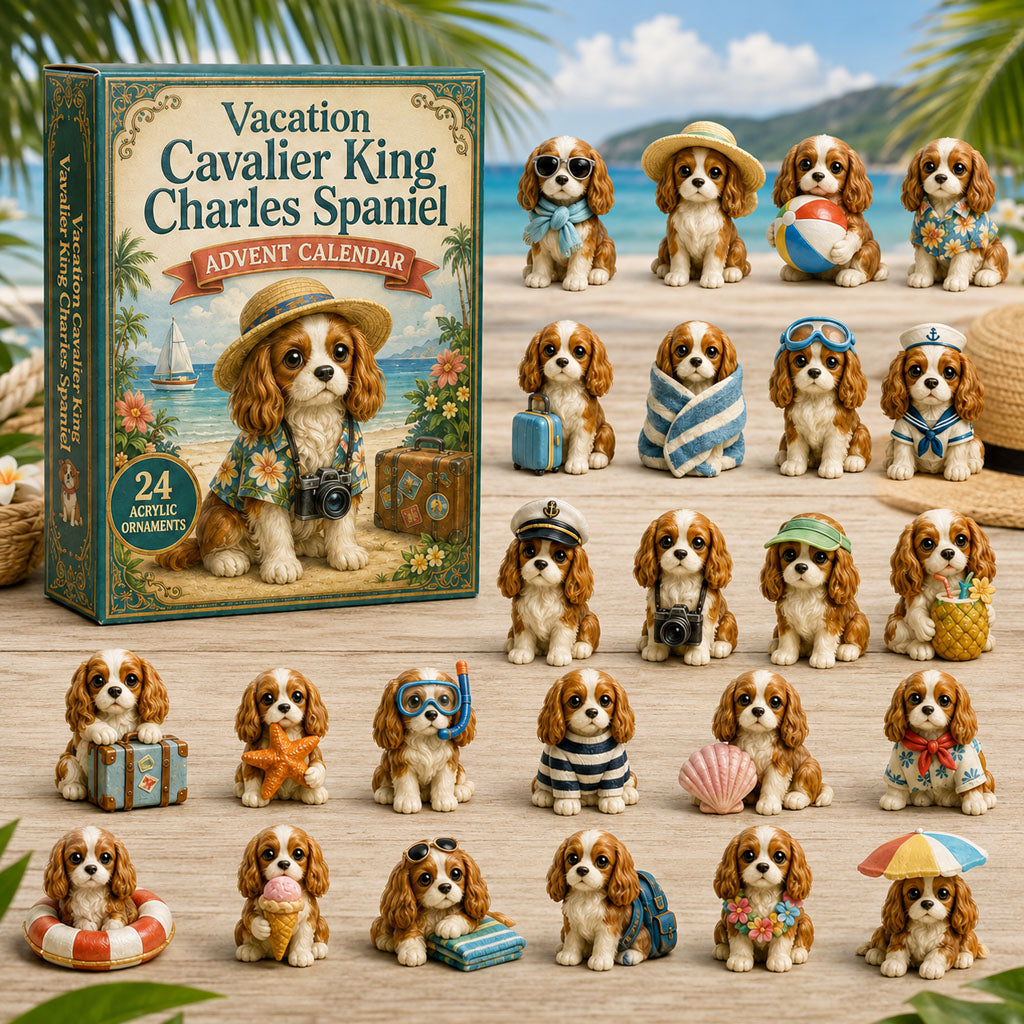 Vacation Cavalier King Charles Spaniel Advent Calendar 2026 - 24-Day Festive Countdown, Acrylic Charms Blind Box - Gift For Dog Lovers