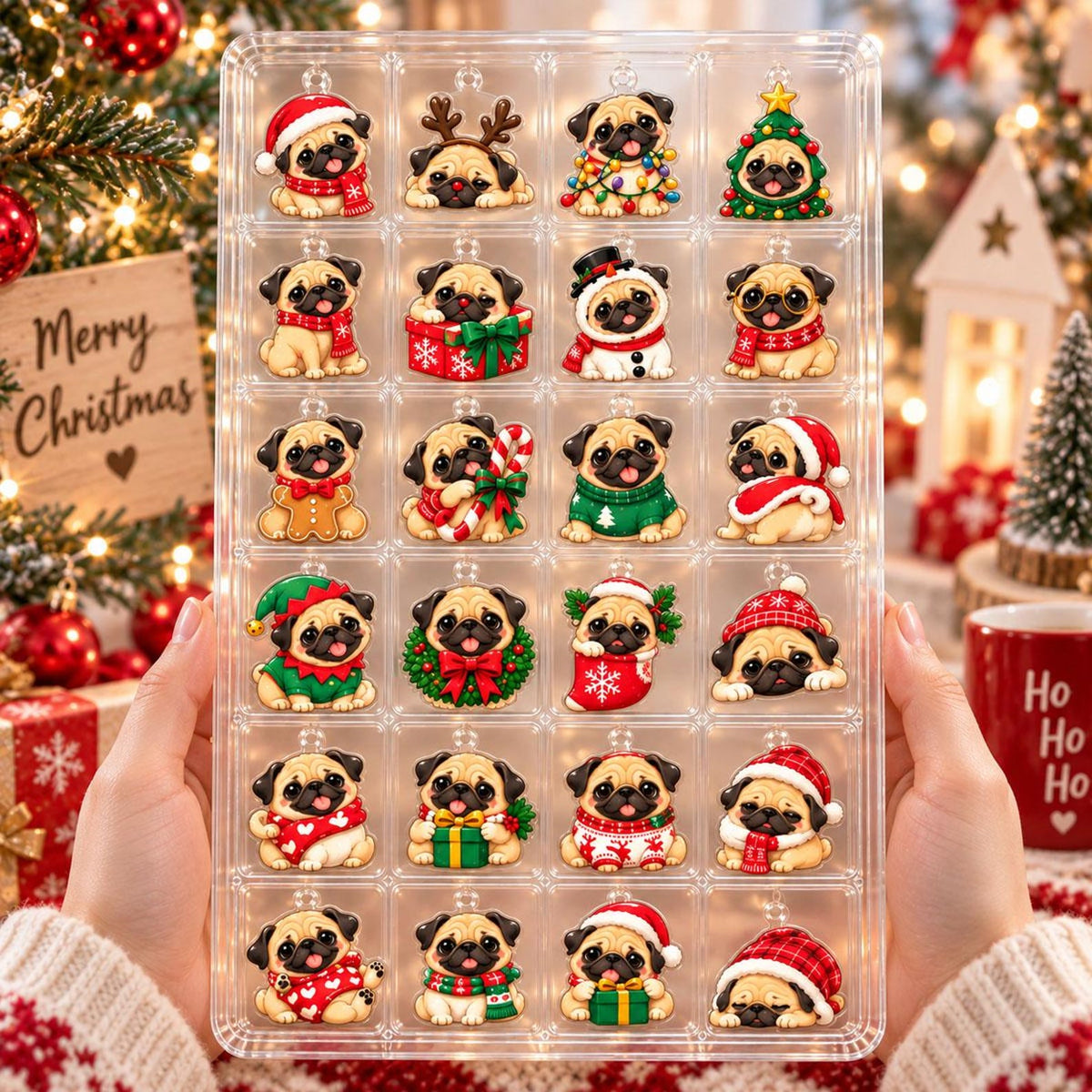 Pug Christmas Blind Box Advent Calendar 2026, 24 Day Dog Charm Countdown, Pug Holiday Ornaments Thai