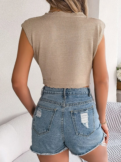 Leaf Hollow Out Cropped Knit Vacation Tank Top