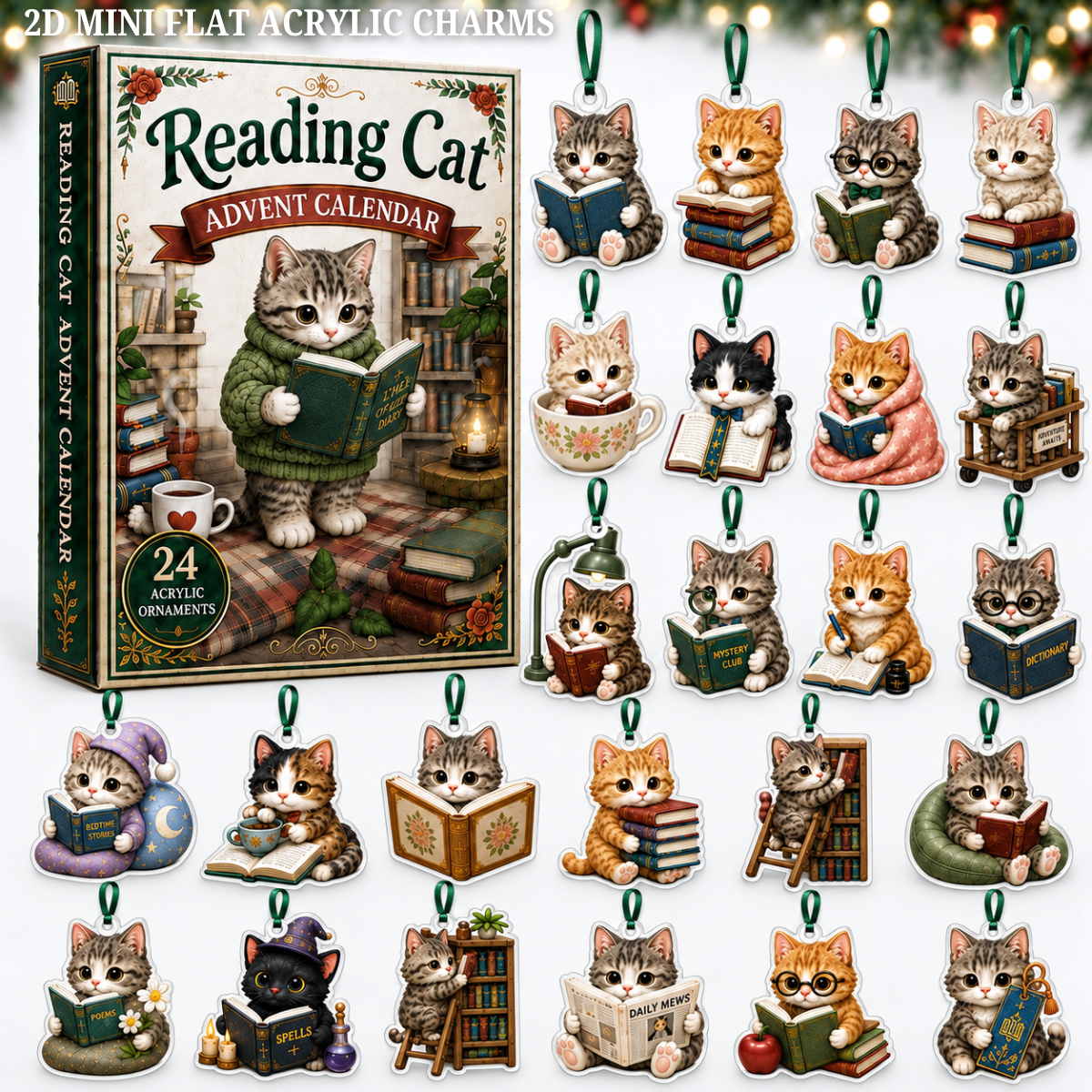 Reading Cat Advent Calendar 2026 - 24-Day Festive Countdown, Acrylic Charms Blind Box - Gift For Cat Lovers