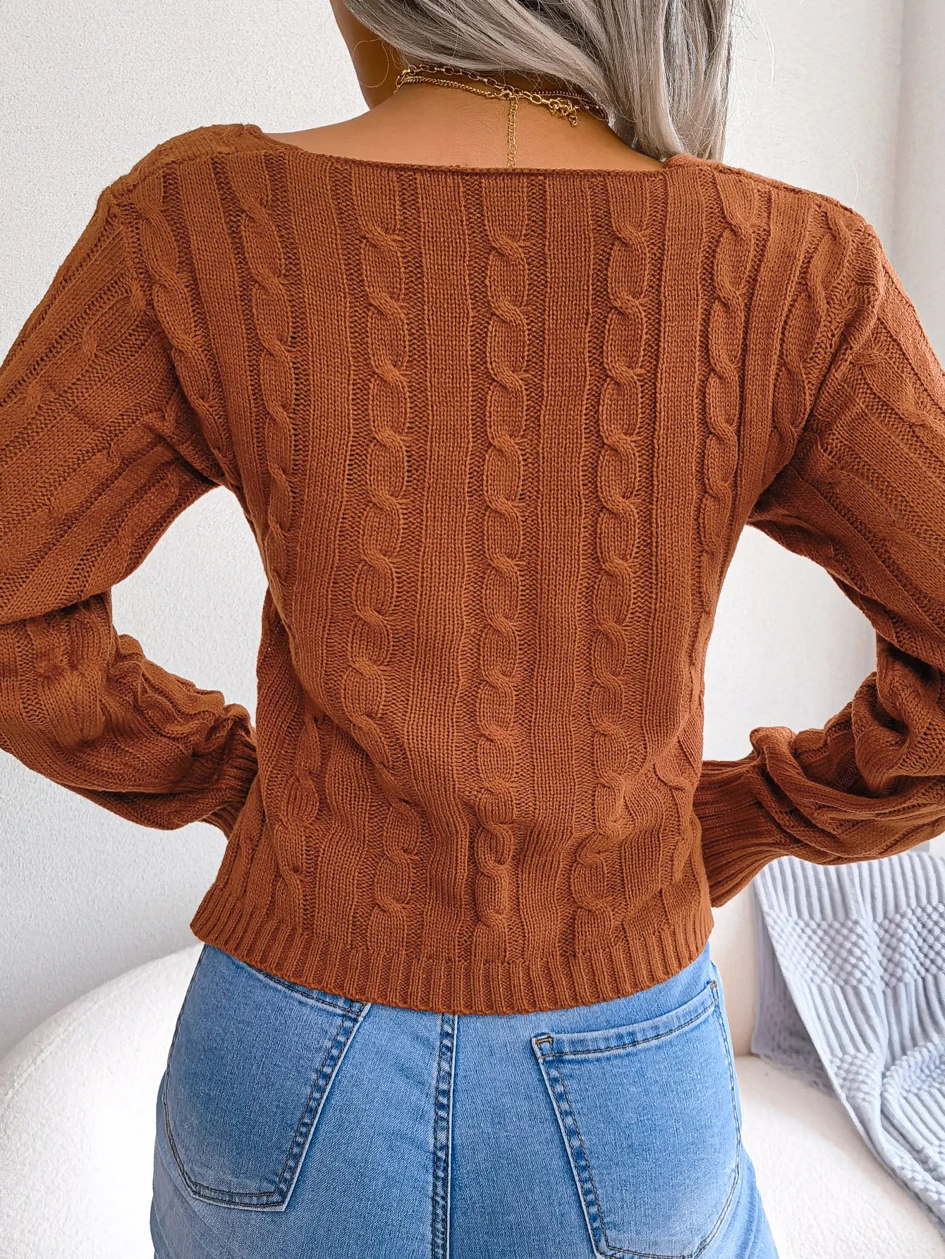 Cross V-Neck Cable Knit Long Sleeve Cropped Sweater
