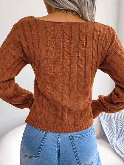 Cross V-Neck Cable Knit Long Sleeve Cropped Sweater