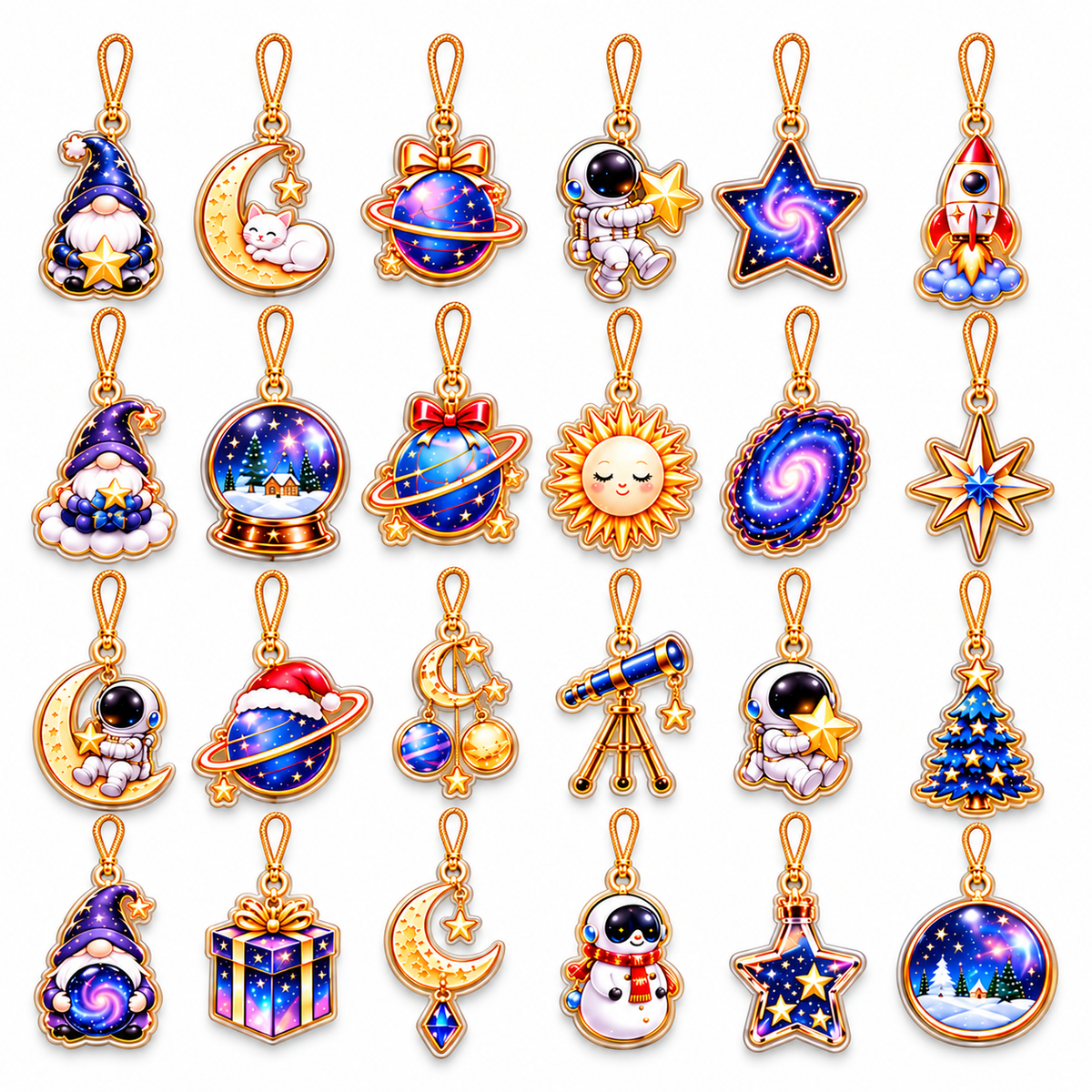 Cosmic Christmas Advent Calendar with 24 Acrylic Charms – Celestial Space Christmas Countdown Gift with Astronaut, Moon, Stars & Gnome Ornaments